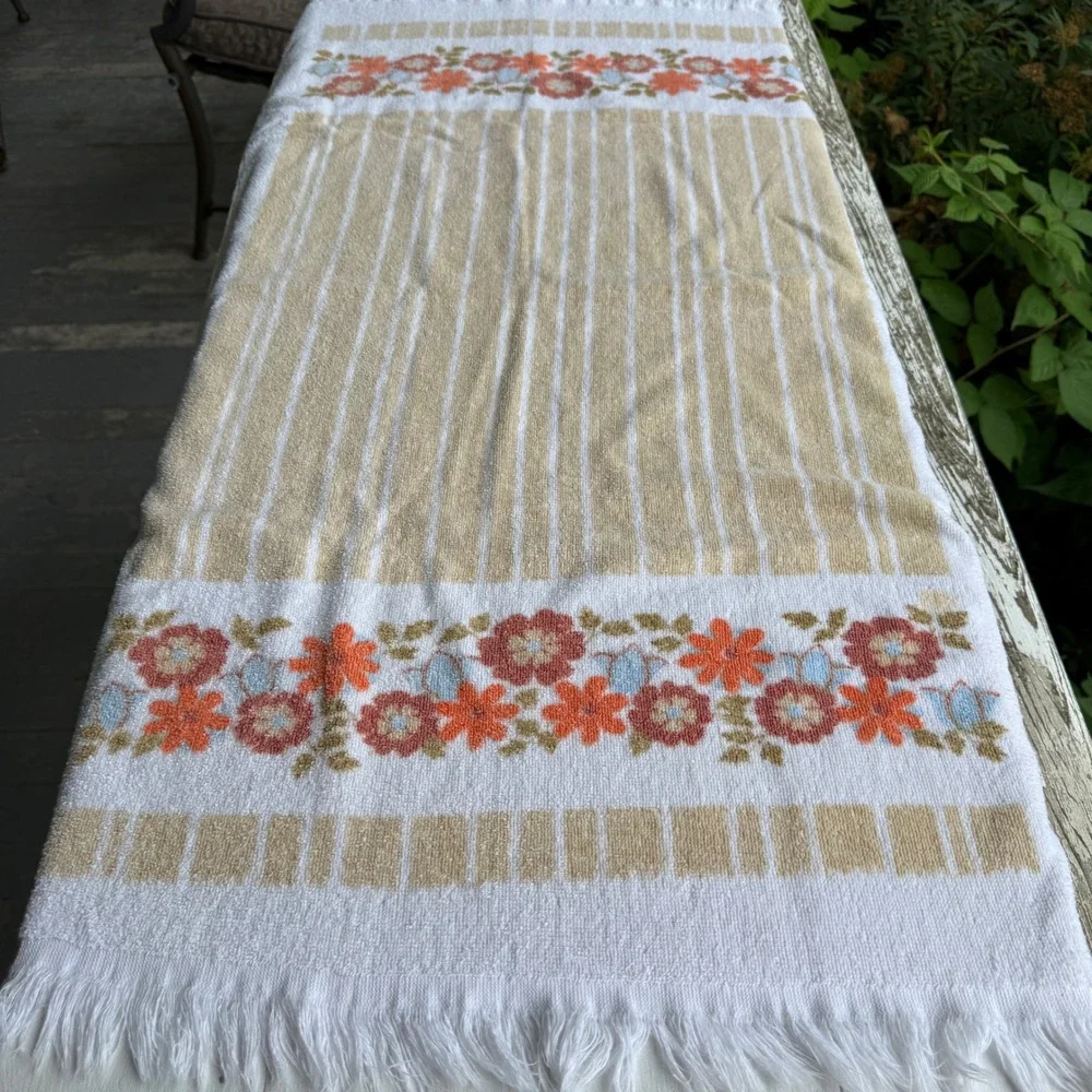 Vintage Floral Hand Towel and Washcloth Set 3pc Retro 70s Cotton Fringed